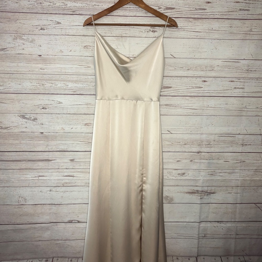 Amsale Chloe Champagne Satin Cowl Neck Maxi Dress Size 10 MSRP $300